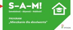 Zielone tło, biały napis: Program "Mieszkanie dla absolwenta"W prawym górnym rogu kwiat z logiem PFRON.